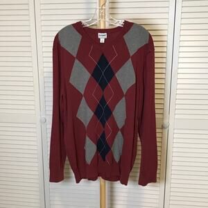 Old Navy Red Gray Black Argyle V-neck Long Sleeve Sweater XL
